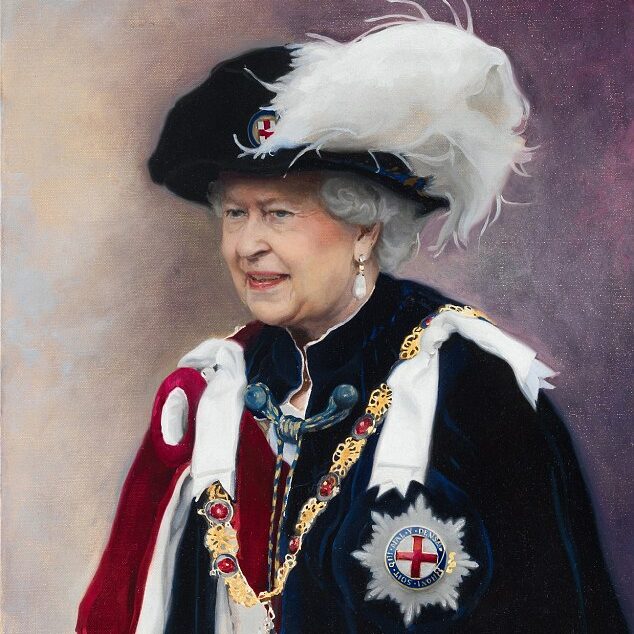 Queen Elizabeth II by Queen Elizabeth Scholarship Trust scholar Alastair Barford, showing The Queen in the Robes of the Order of the Garter as she attends the Garter Service at Windsor. Commissioned by Illustrated London News in 2015 to mark the occasion of Queen Elizabeth II becoming Britain’s longest-reigning monarch.